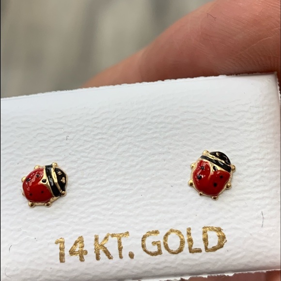 New 14k Yellow Gold Red Lady Bug Stud Earrings